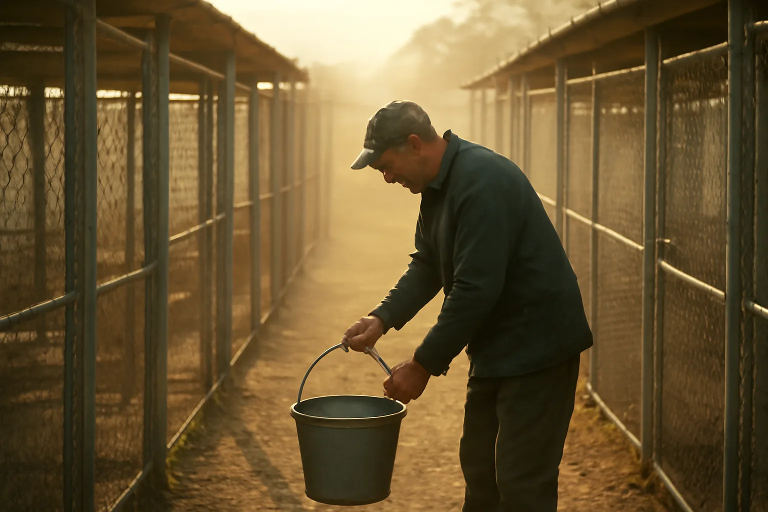 Breeder checking outdoor dog kennel runs during a morning facility inspection