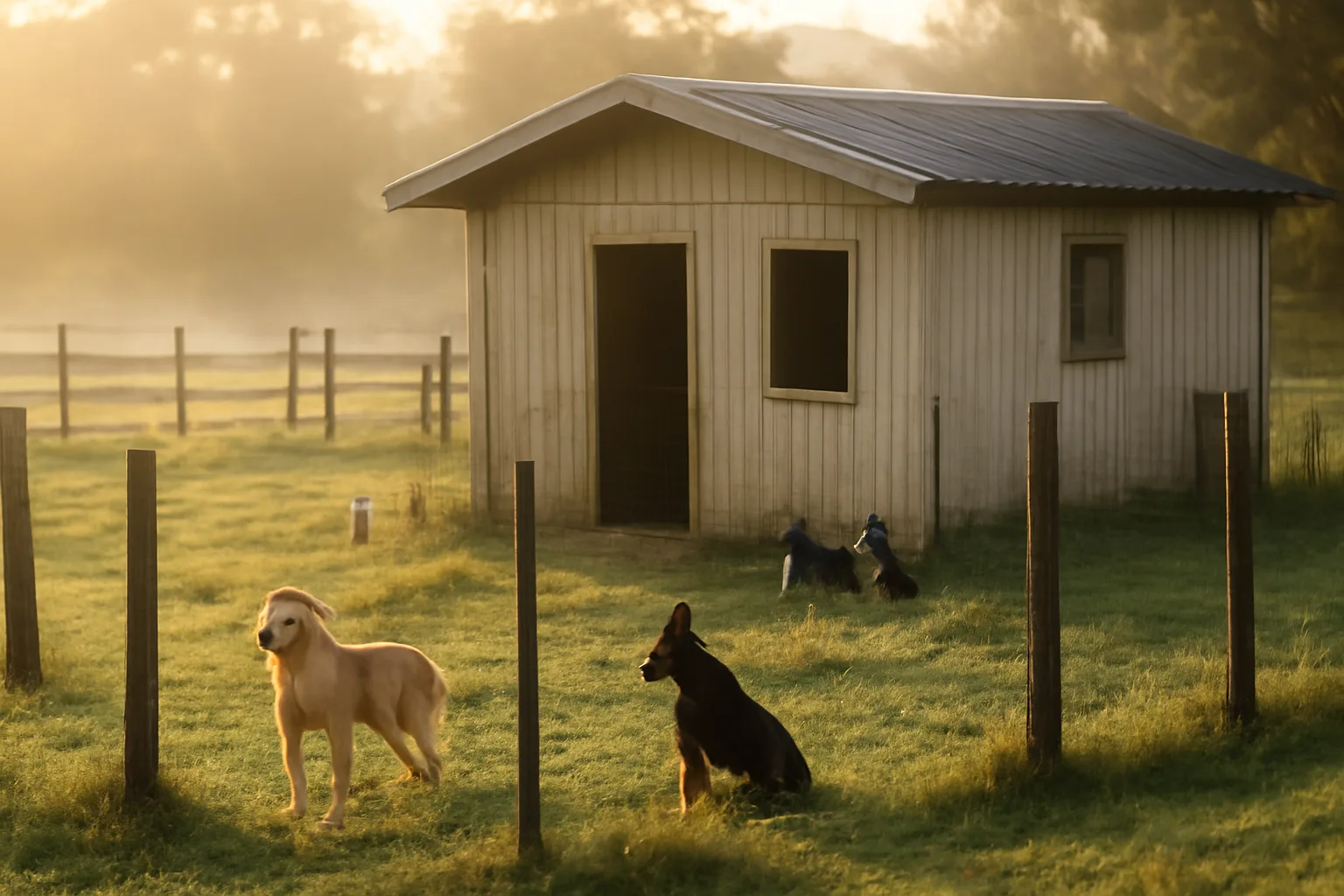 Rural kennel facility with fenced outdoor run illustrating dog breeding restrictions and zoning