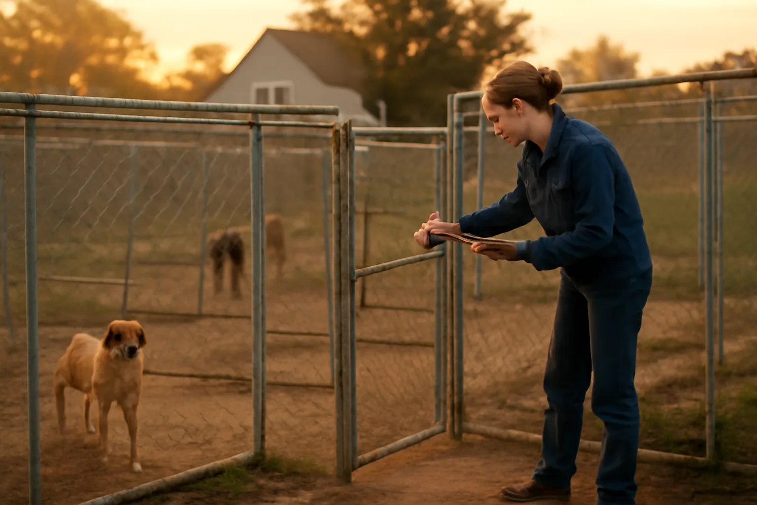 Fenced outdoor dog kennel runs on a rural property at sunset