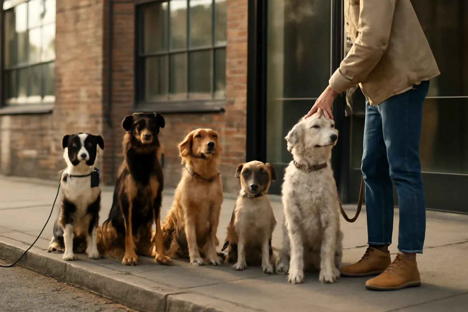 Dogs and handler outside a Chicago dog daycare storefront in morning light