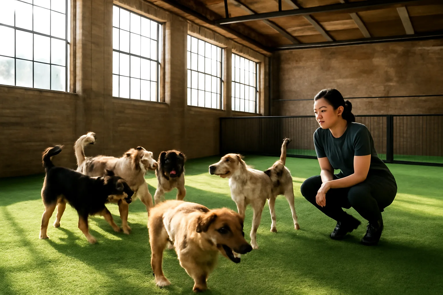 Staff member supervising several dogs playing on turf inside a dog day care facility
