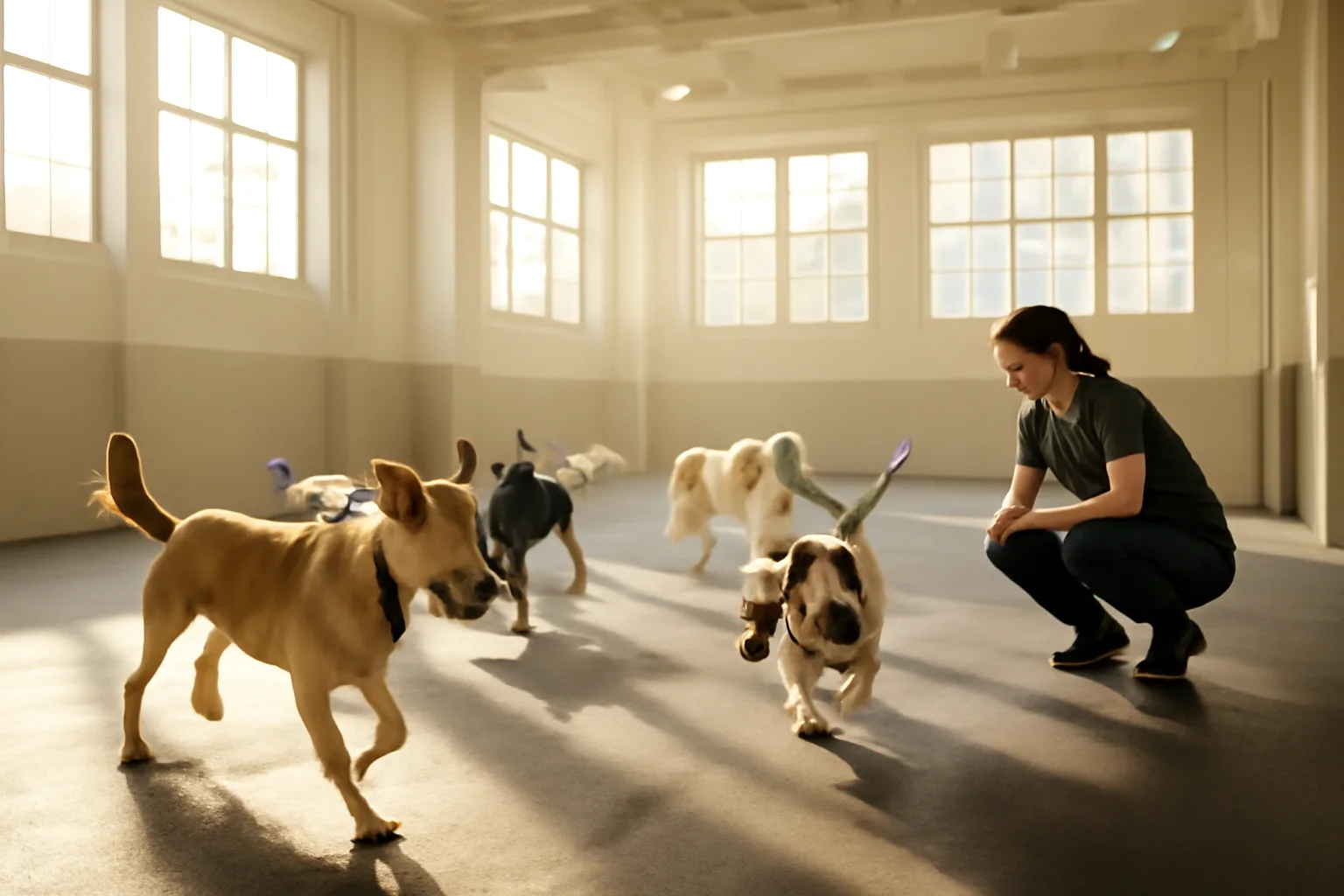 Dog day care business play area with staff supervising several dogs indoors