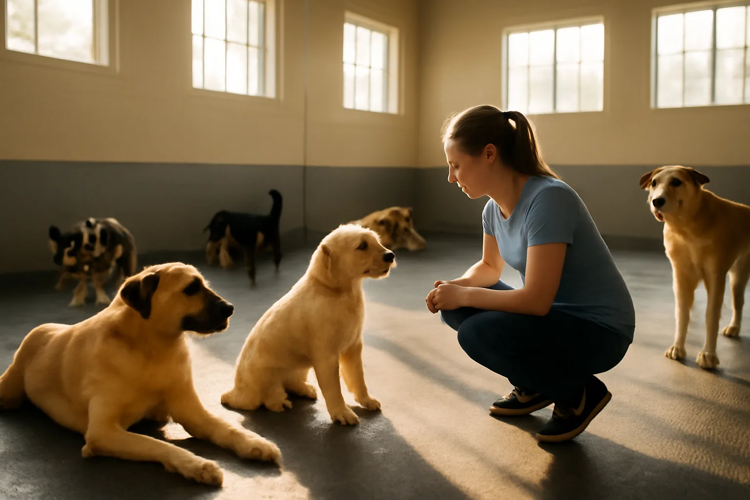 Dogs playing and resting inside a sunlit dog day care center play area