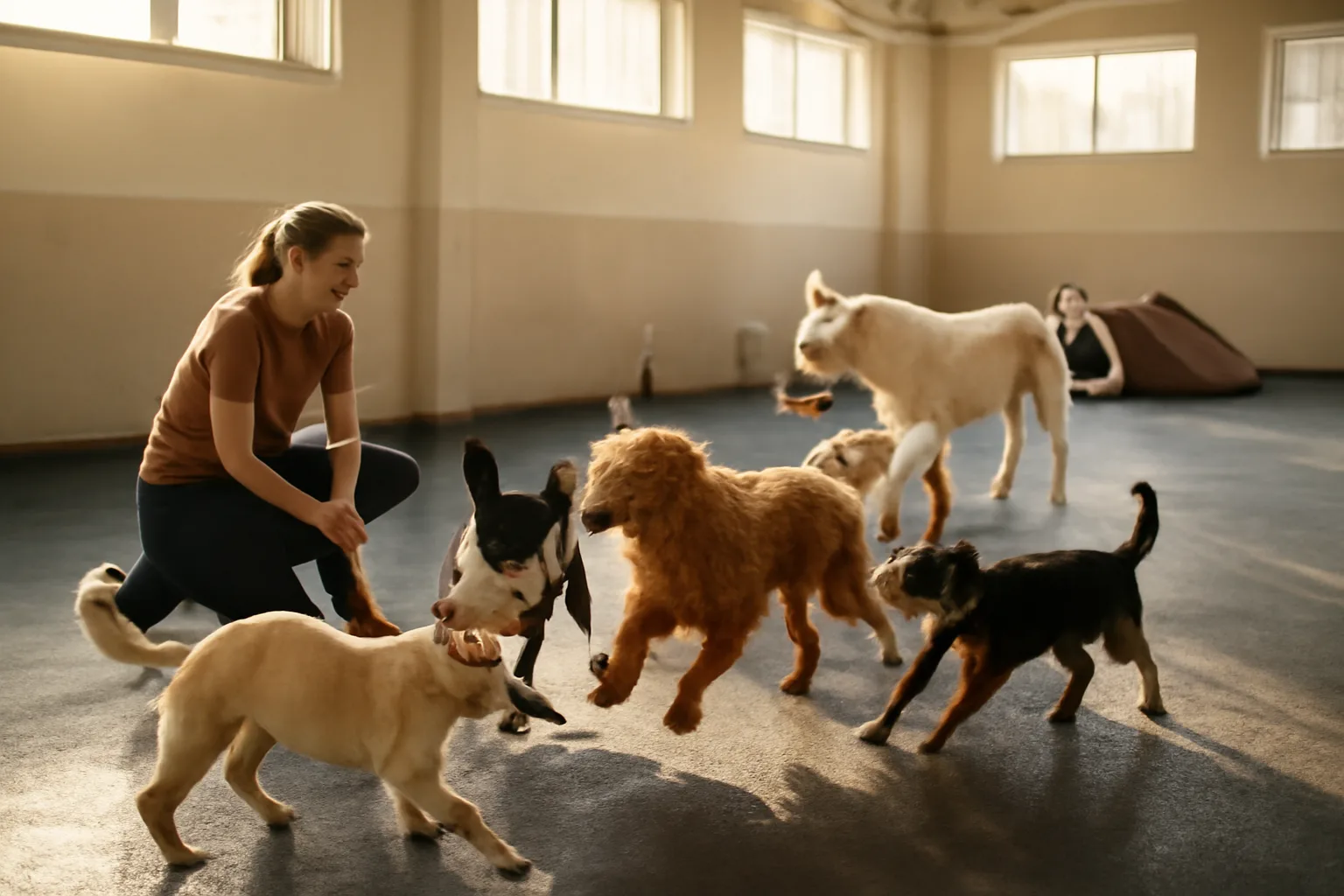 Staff member supervising dogs playing inside a dog day care service facility