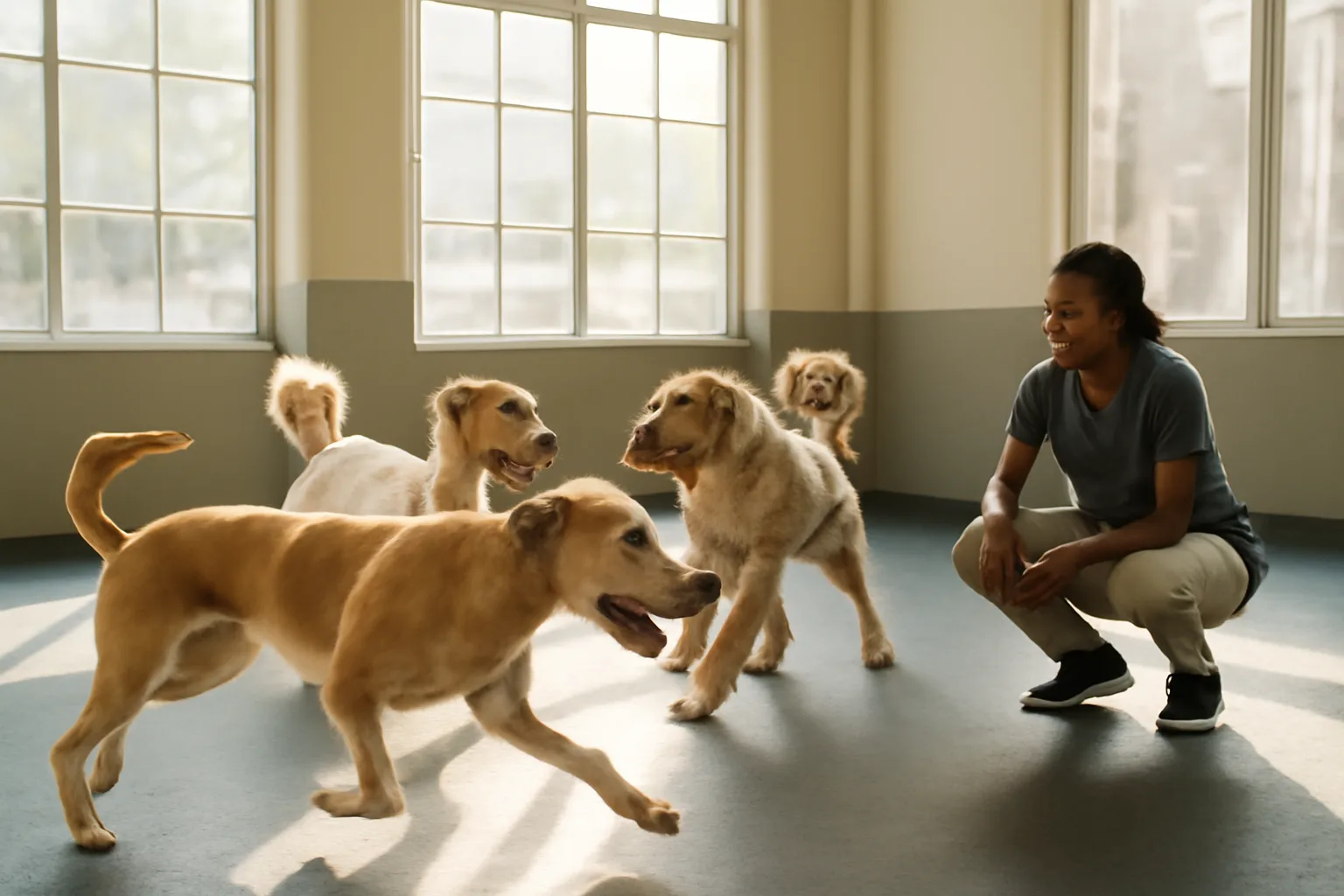 Dogs playing indoors at a sunlit commercial dog day care facility