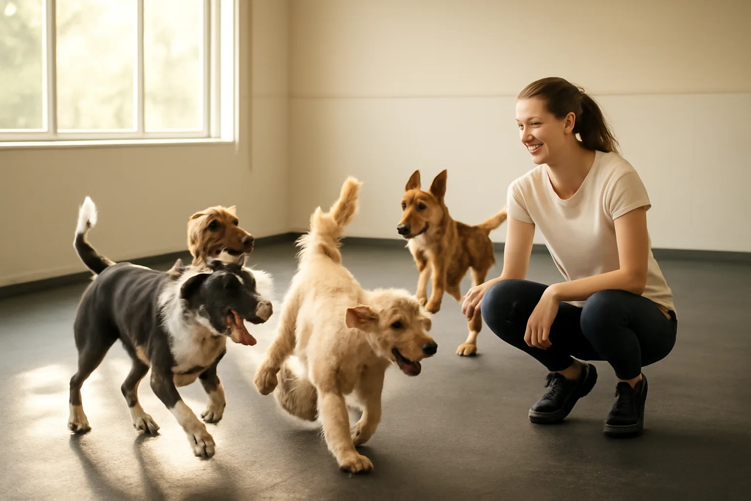 Dogs playing together in a sunlit indoor dog daycare boarding facility