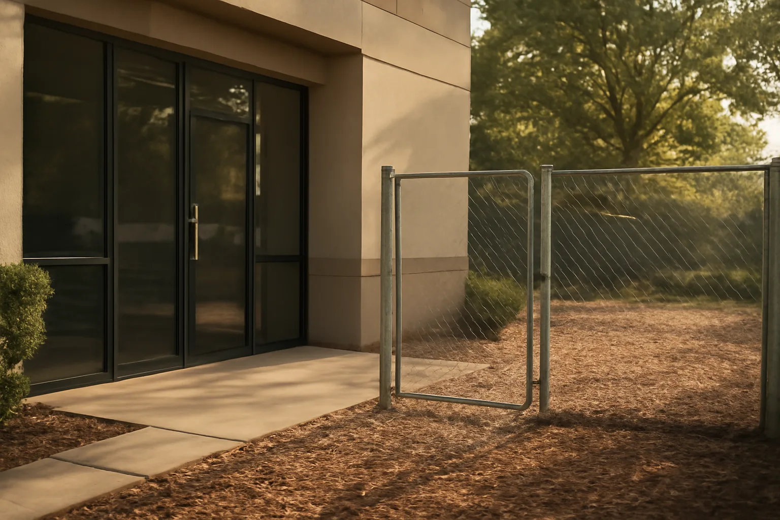Fenced outdoor play yard outside a commercial building for a dog daycare business