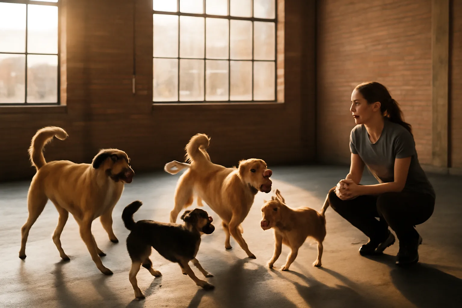 Dogs playing together inside a bright Charlotte dog daycare facility