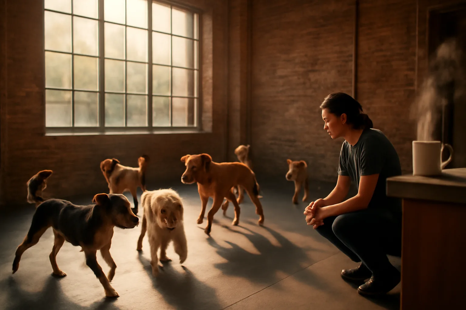 Staff member supervising dogs playing inside a Chicago dog daycare facility