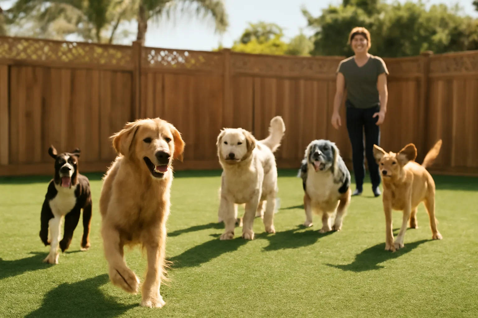 Dogs playing in a fenced outdoor yard at a California dog daycare facility