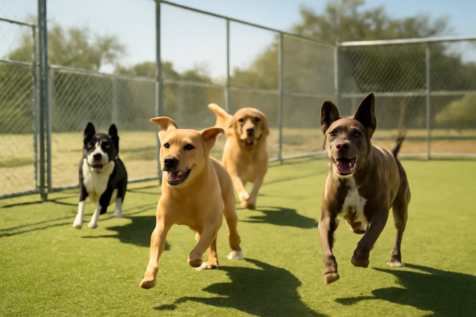 Dogs playing in an outdoor San Antonio dog daycare play yard in morning light
