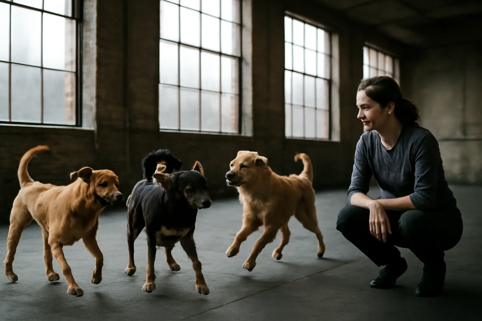 Dogs playing indoors at a Seattle dog daycare facility with staff supervision