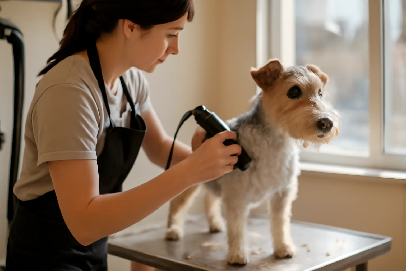 Groomer trimming a terrier on a steel table inside a sunlit grooming studio