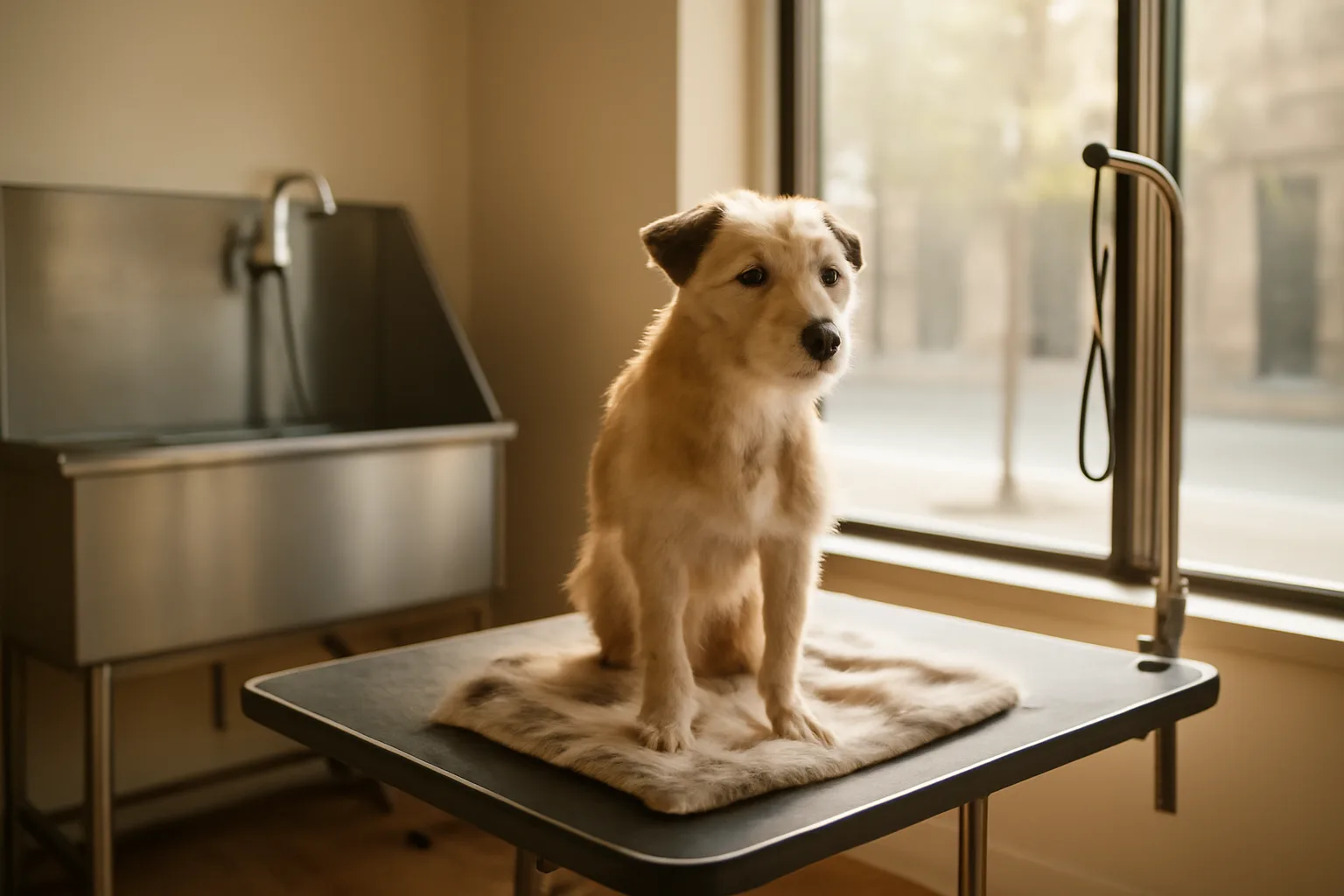 Groomer working at a stainless steel table inside a small dog grooming business storefront