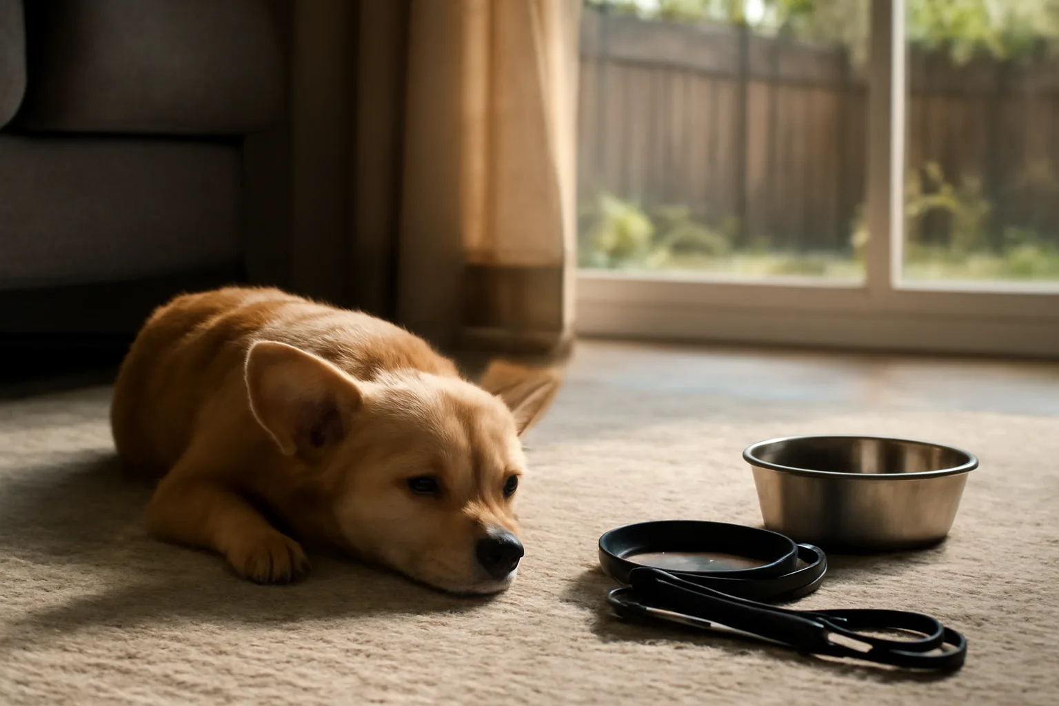 Dog resting on a rug in a home during dog home boarding