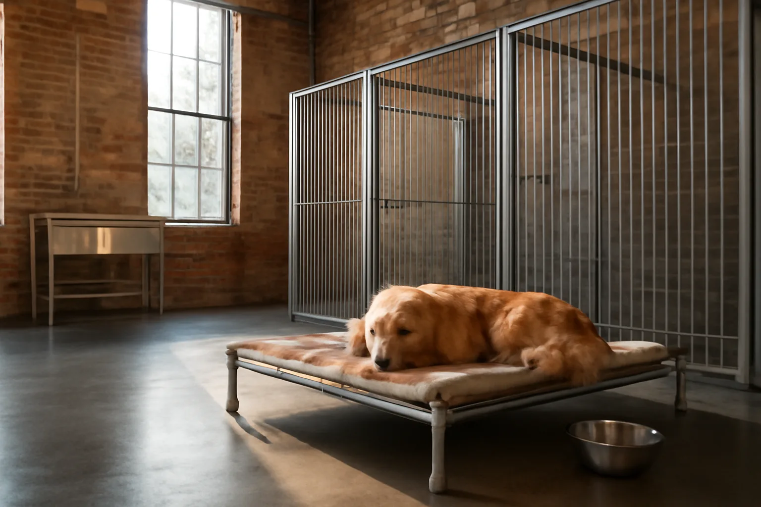 Dog resting in a sunlit suite inside a Chicago dog hotel facility