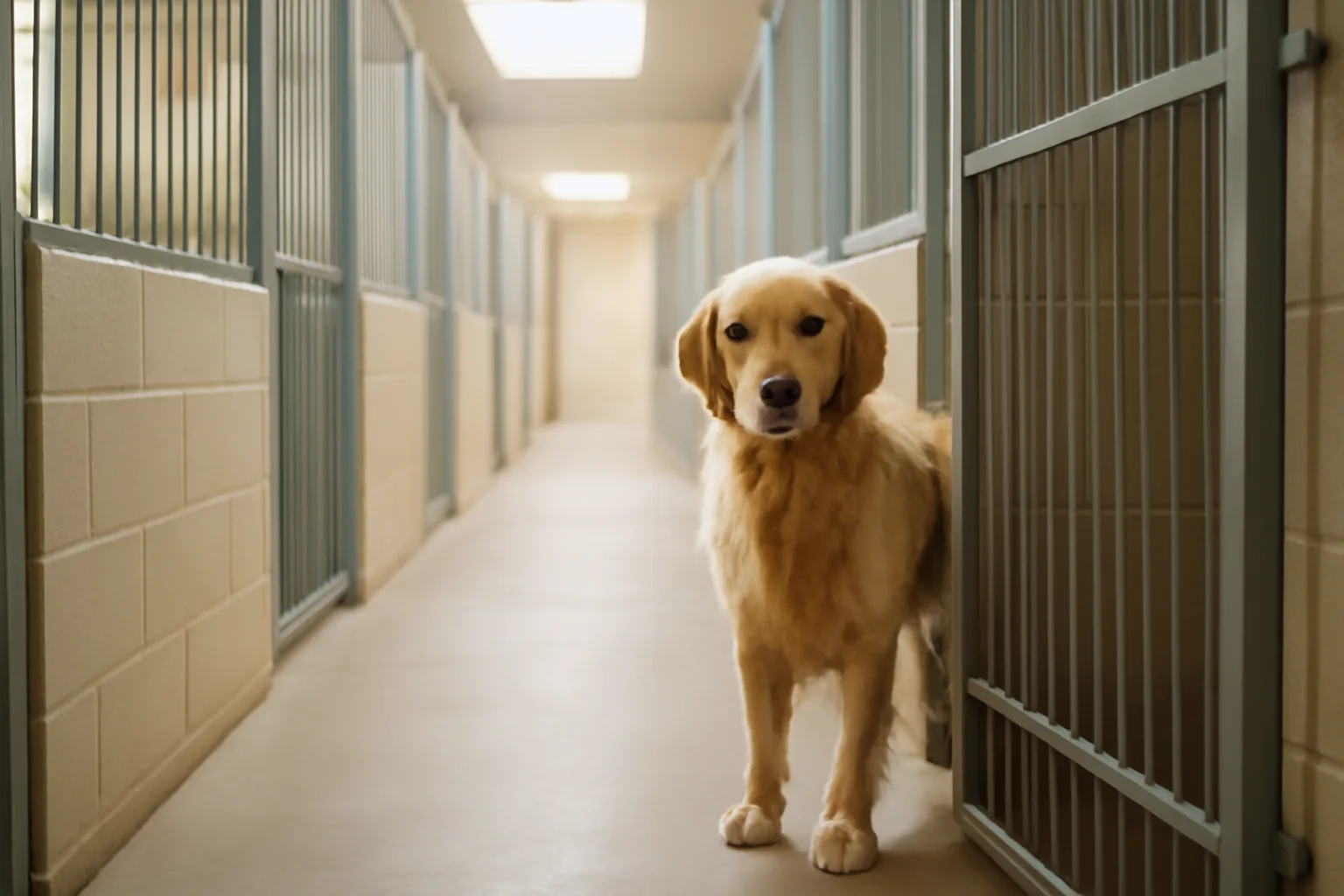 Dog hotel hallway with individual boarding suites and a golden retriever standing near an open gate