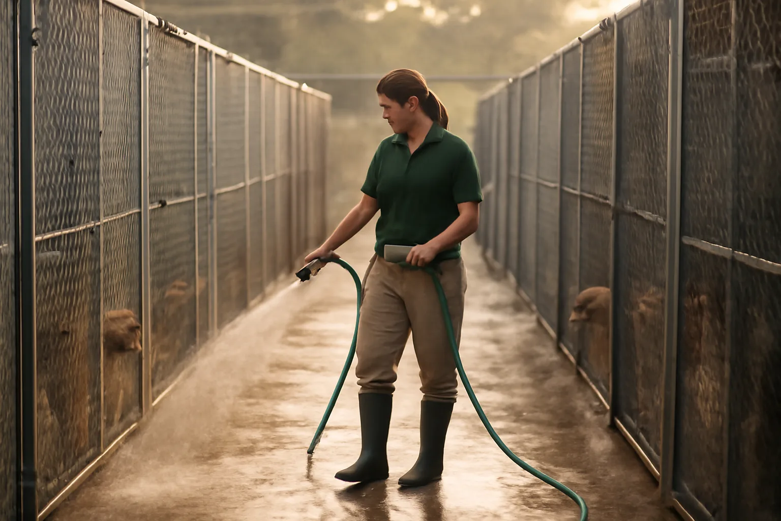 Kennel worker cleaning dog boarding runs in early morning light at a commercial facility