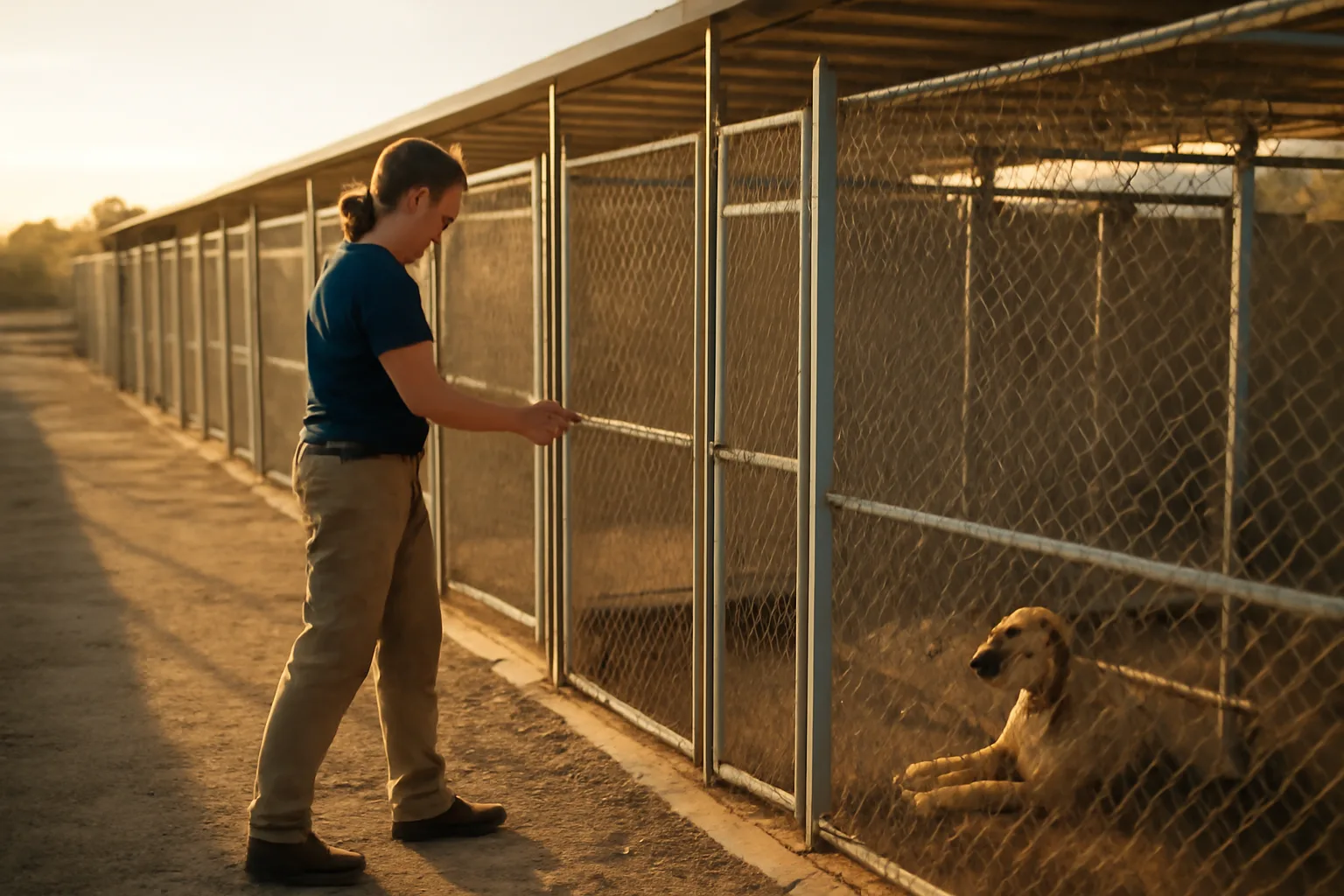 Outdoor dog kennel runs at a licensed boarding facility during late afternoon light