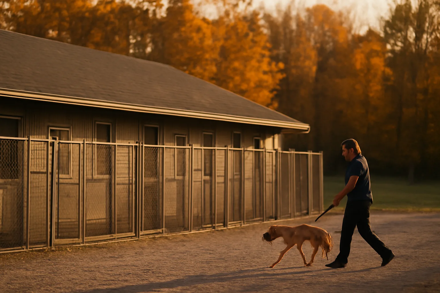 Outdoor dog kennel runs at a New York boarding facility in late afternoon light