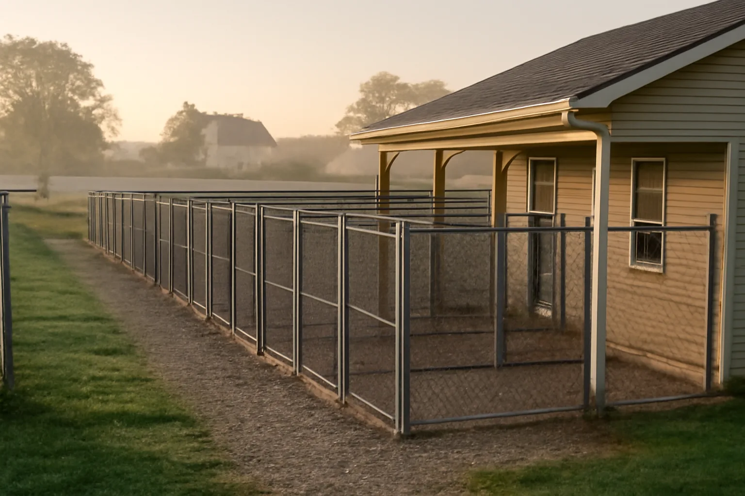 Rural Ohio kennel building with outdoor dog runs in morning light