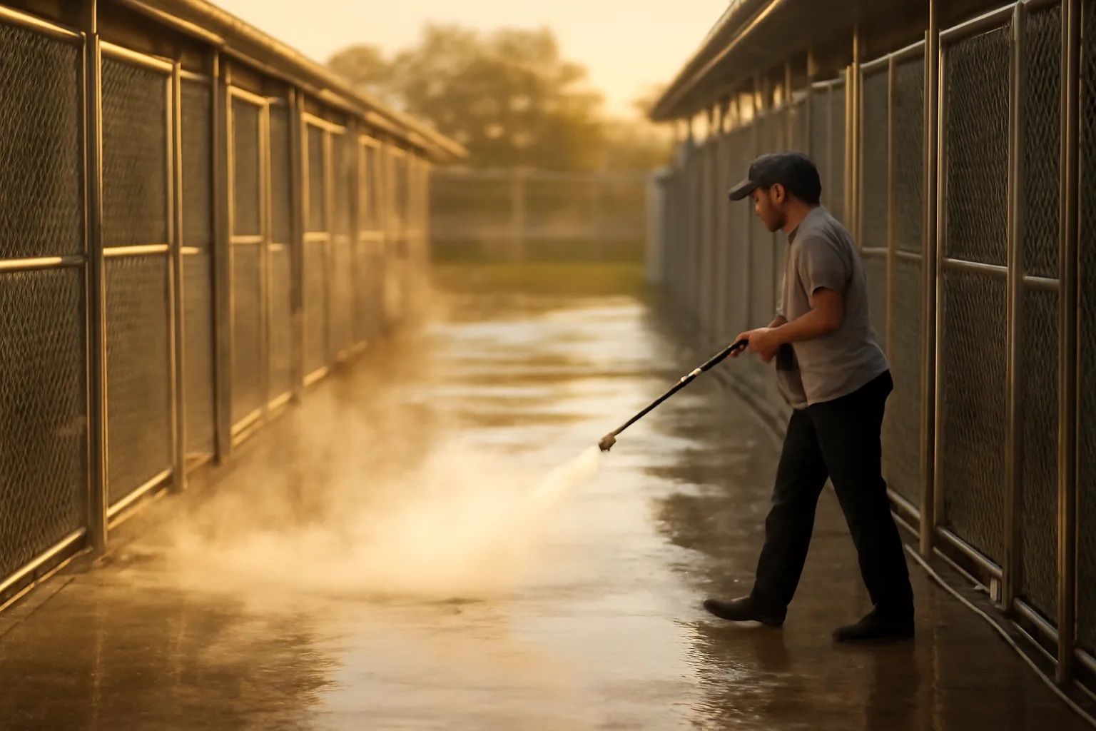 Staff member cleaning outdoor dog runs at a San Antonio boarding kennel at sunrise