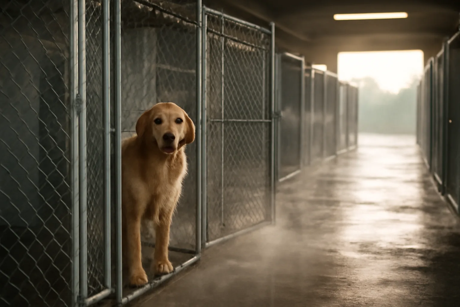Rows of outdoor dog kennel runs at a boarding facility in morning light