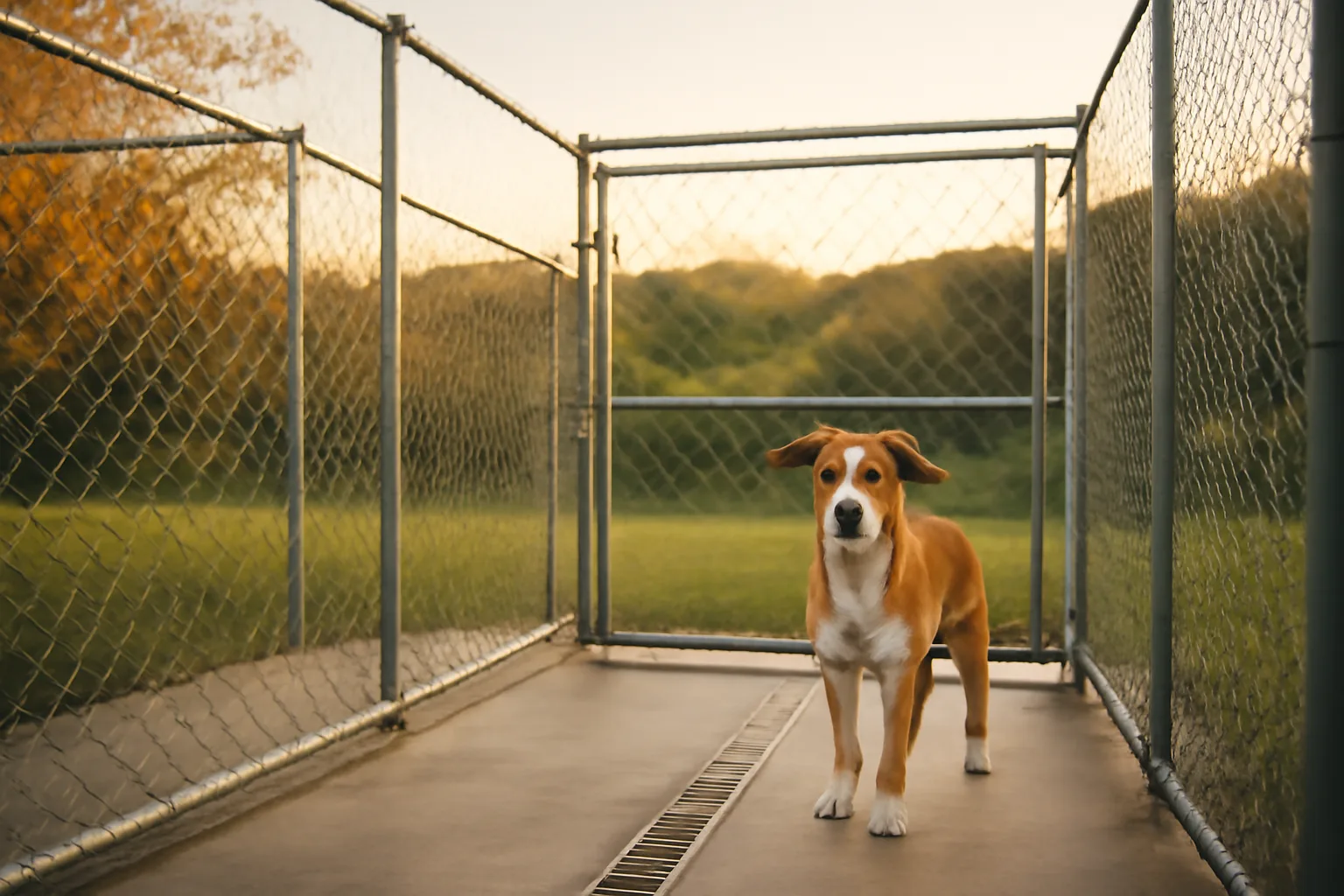 Outdoor dog kennel run with concrete flooring near Knoxville, Tennessee hillside