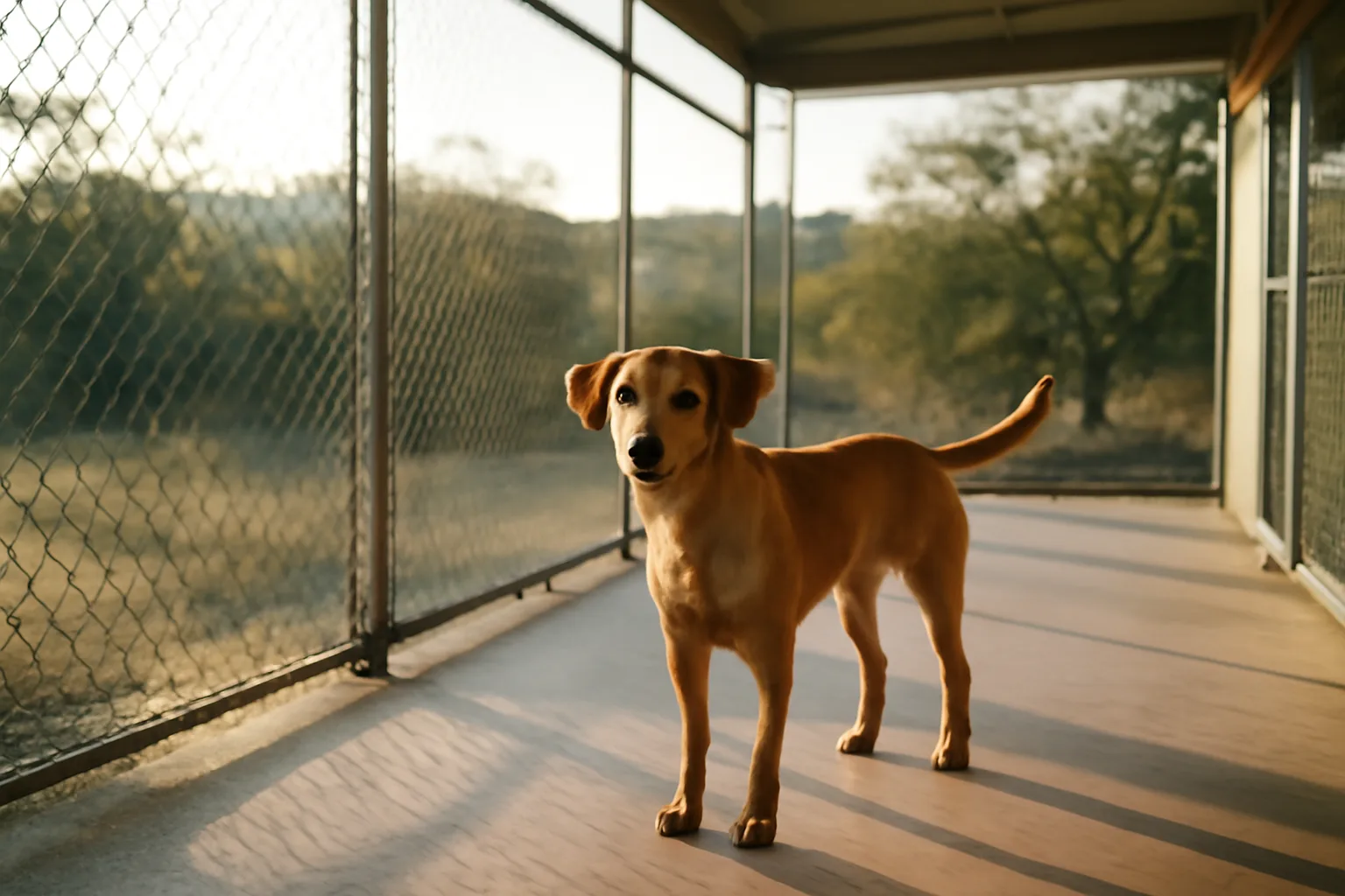 Outdoor kennel run at a San Antonio dog boarding facility in morning light