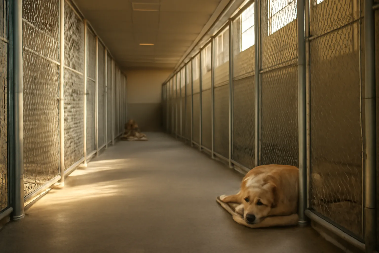 Rows of clean indoor kennel runs in a licensed dog boarding facility