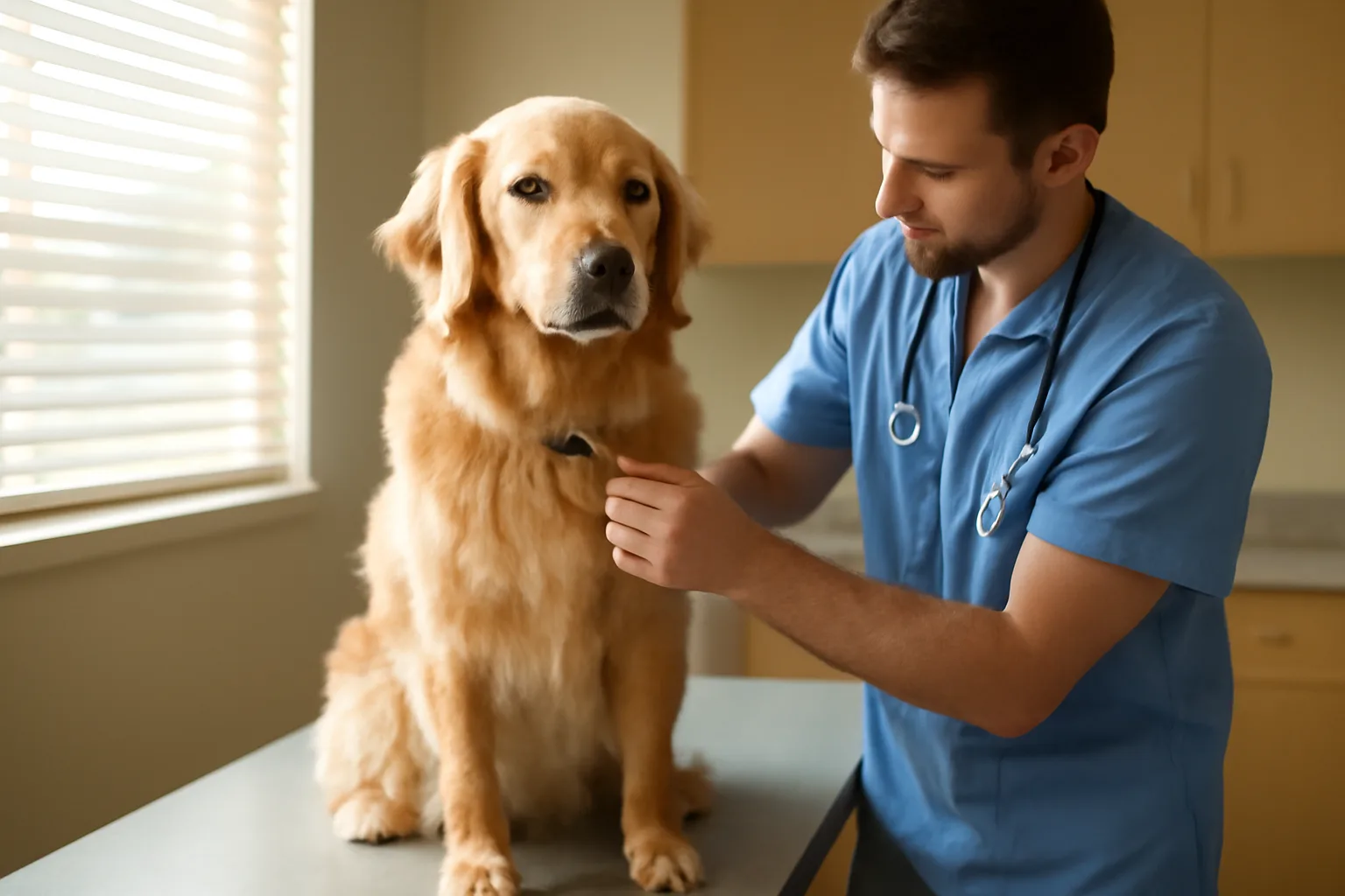 Veterinarian checking a dog's collar tag during a Texas rabies vaccination visit
