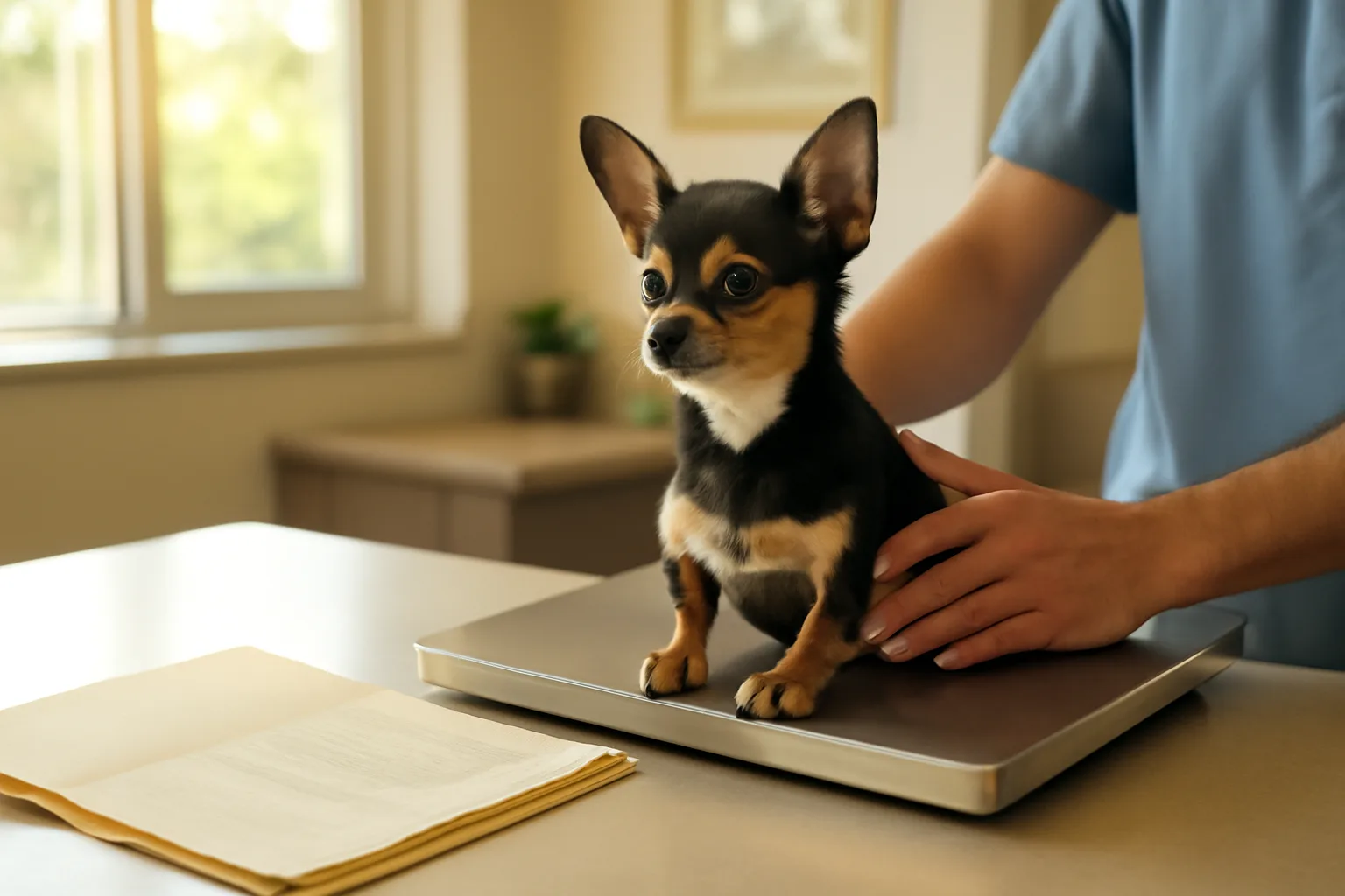 Vet clinic desk with a small dog on a scale beside vaccination record folder