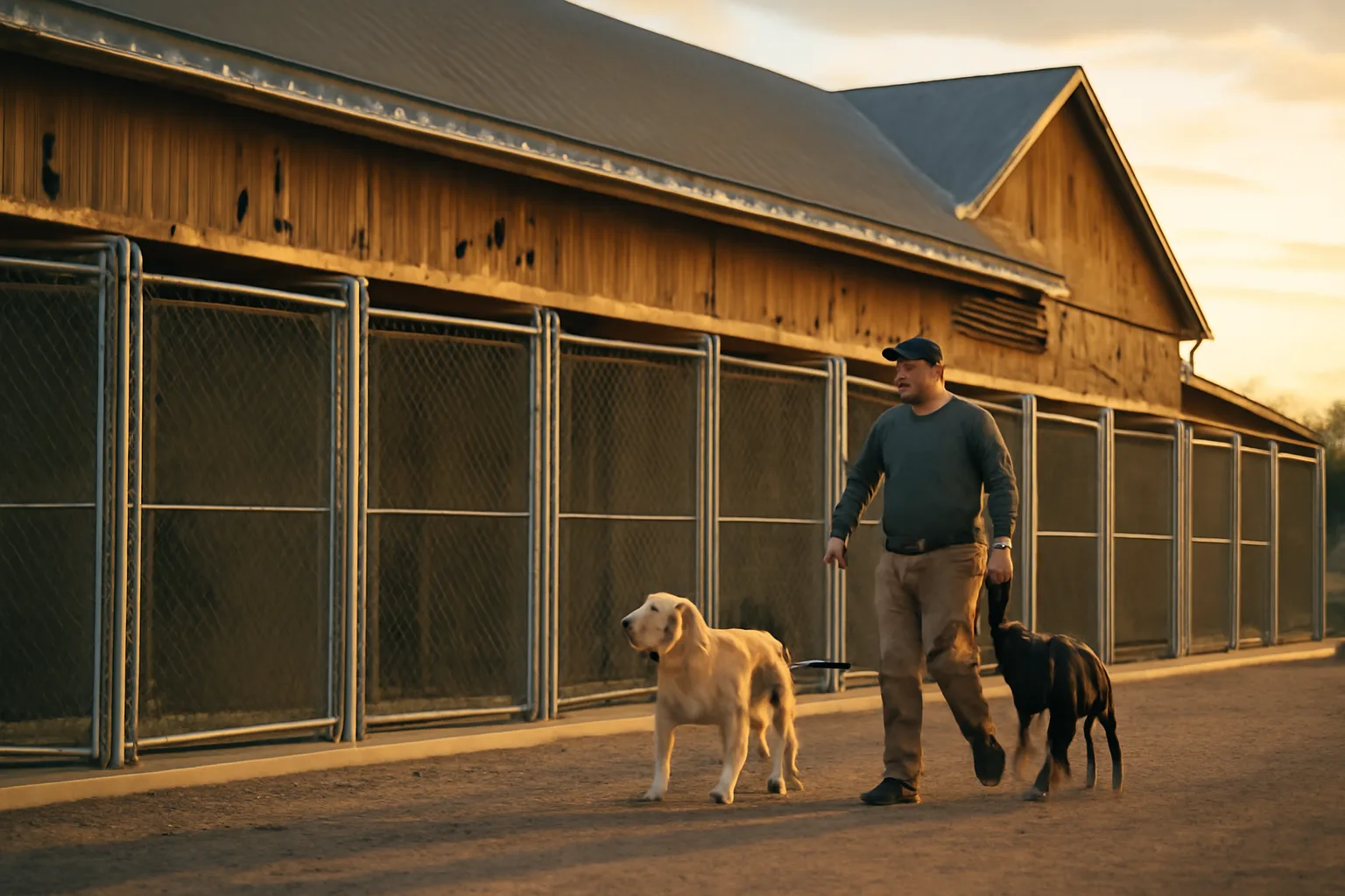 Outdoor kennel runs at a dog rearing business facility during golden hour