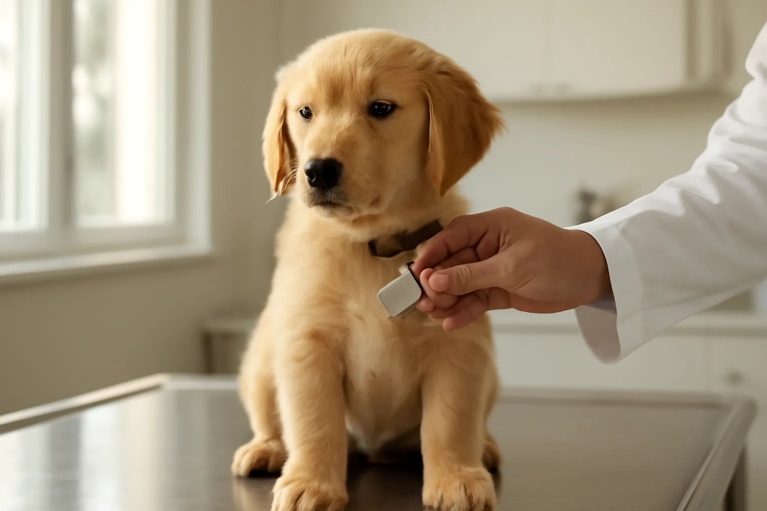 Puppy on vet exam table getting collar tag checked during dog registration visit