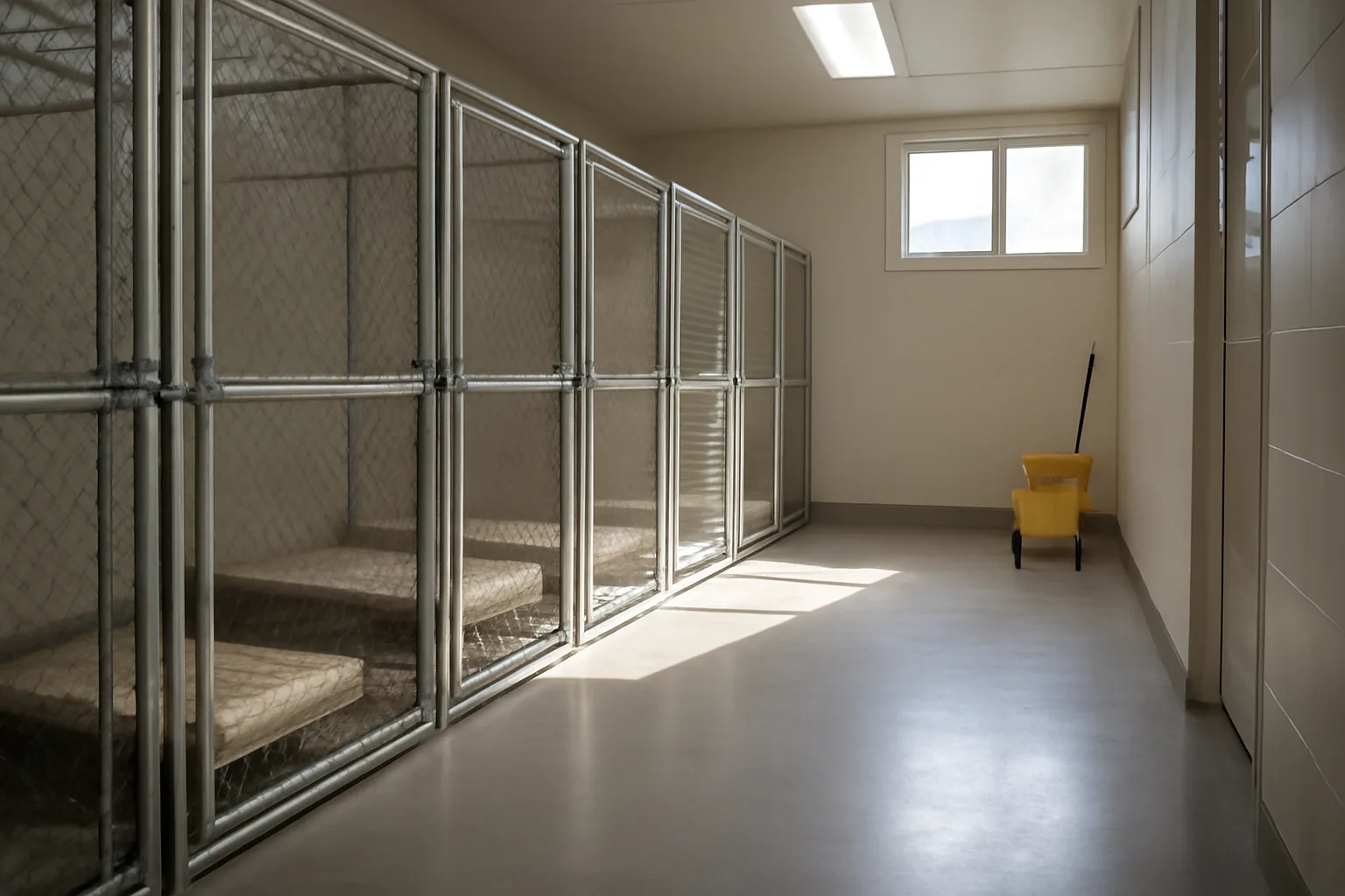 Empty clean dog boarding kennel hallway with sunlit runs and fresh bedding