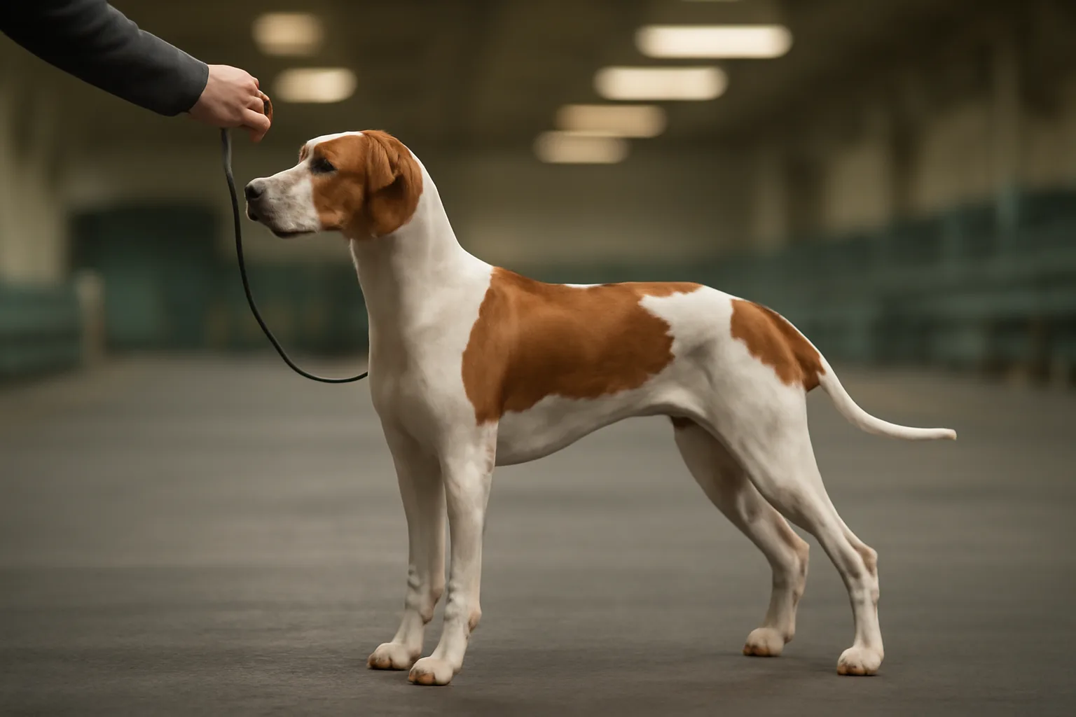 Groomed show dog standing in stance during dog show registration check-in at an arena