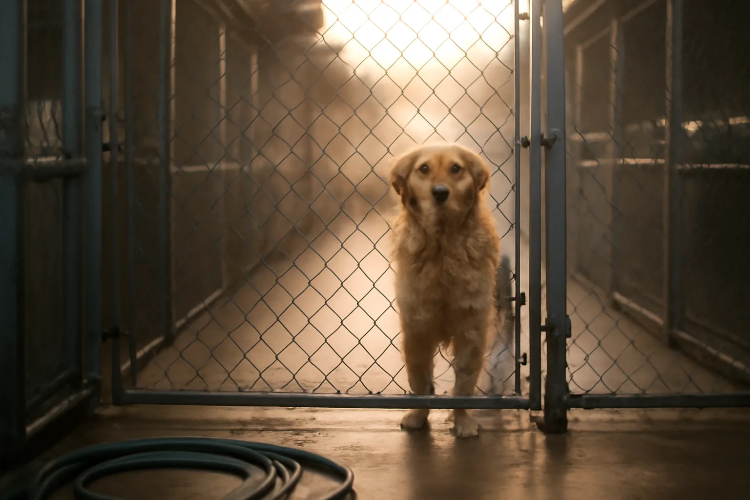 golden retriever waiting at kennel run gate during a dog boarding stay