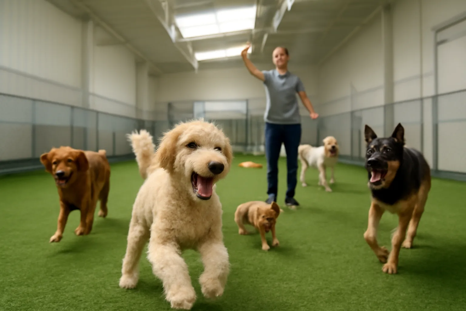Dogs playing together in a bright indoor daycare and boarding facility play yard