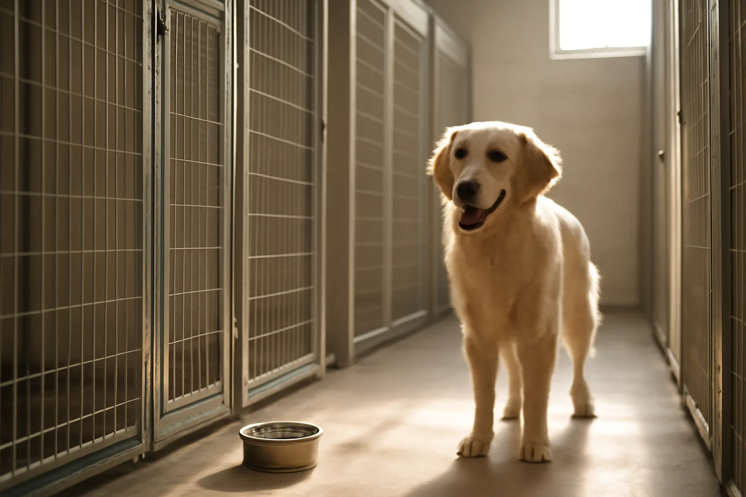 Dog standing at an open kennel gate in a sunlit boarding facility hallway