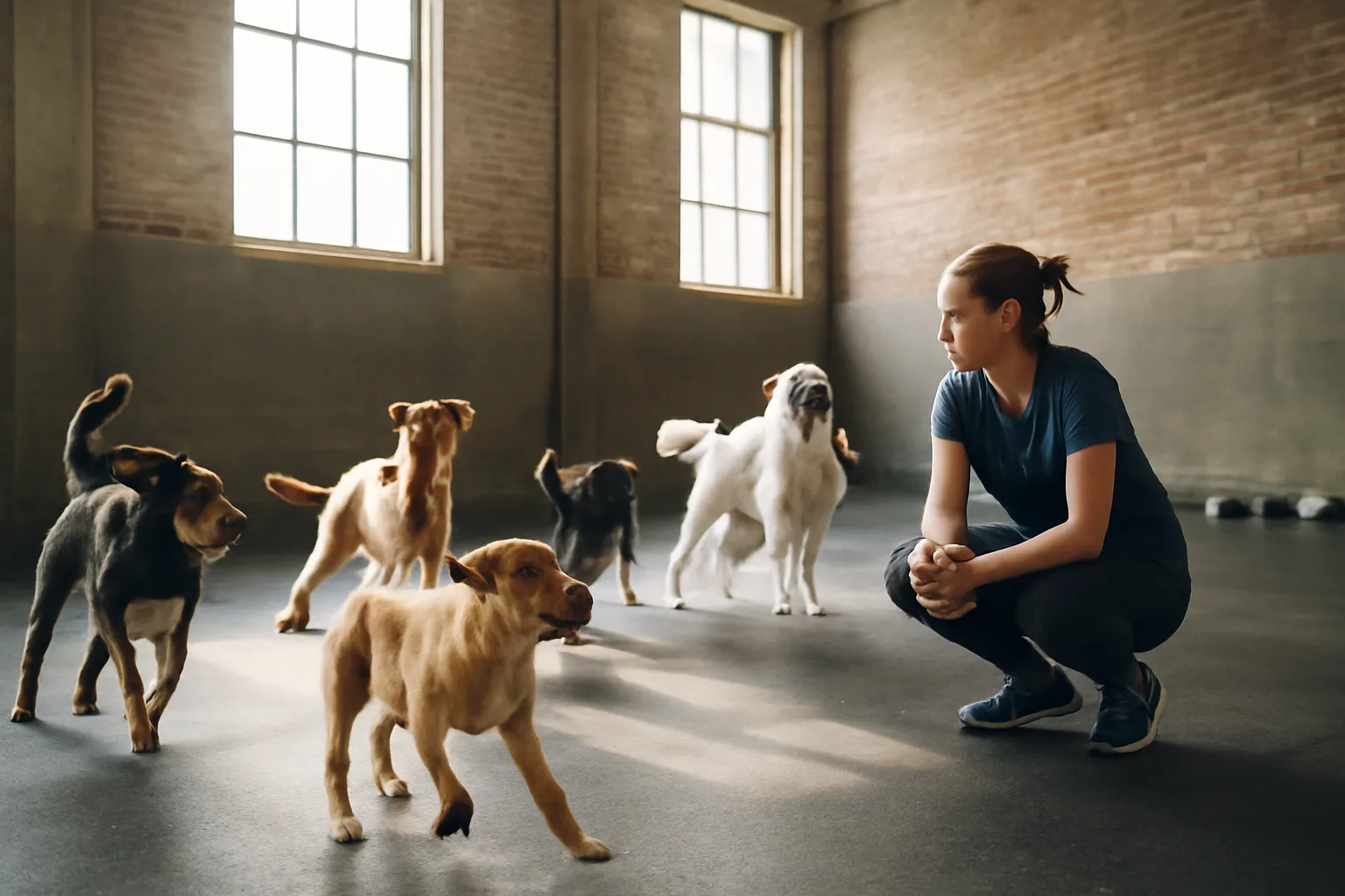 Staff member supervising several dogs playing at a doggie daycare facility