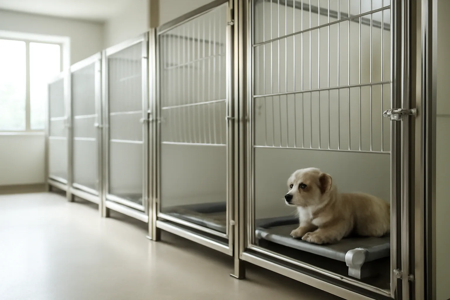 Private suite inside a doggie hotel boarding facility with a dog resting on a raised cot