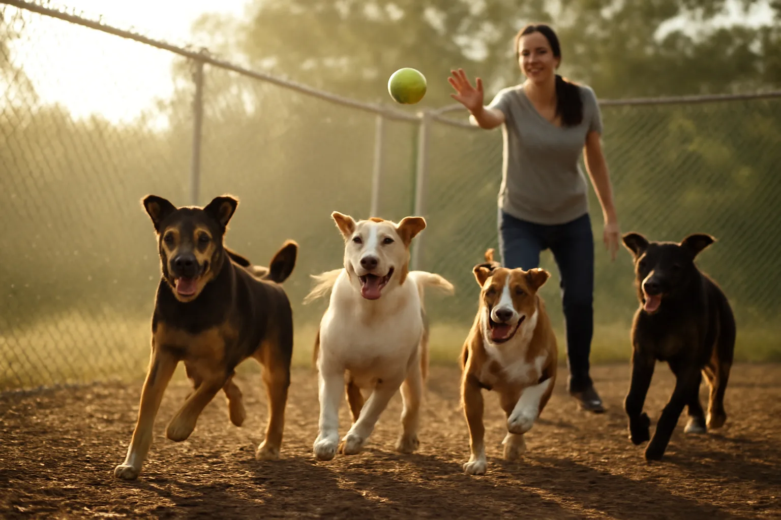 dogs playing outdoors at a daycare facility during morning play session