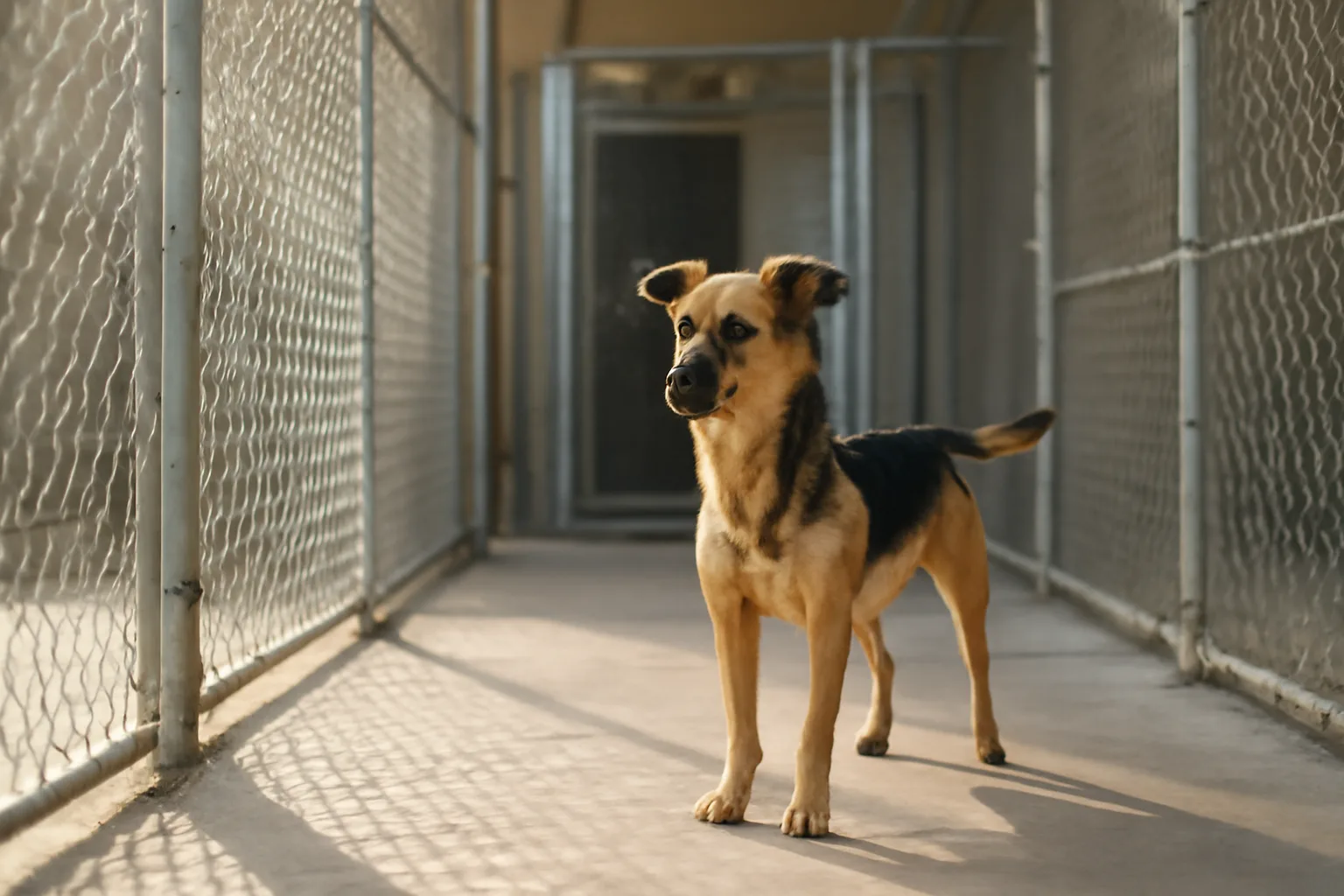 Dog standing in a sunlit outdoor boarding kennel run at a small facility