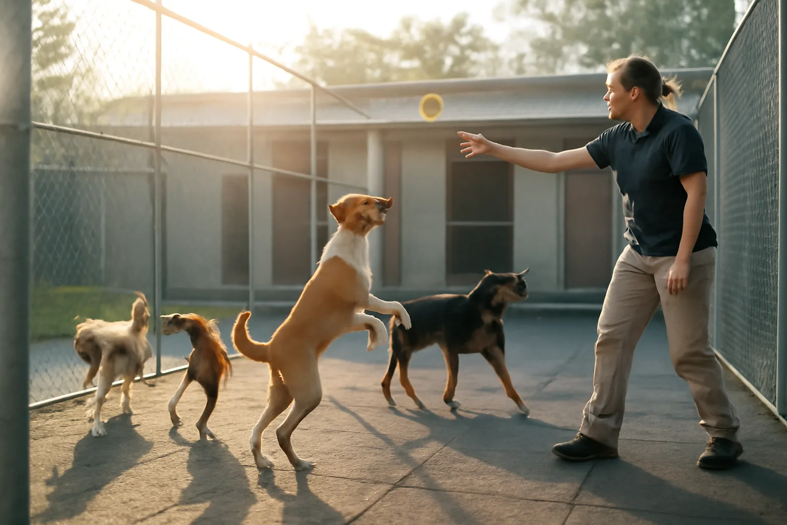 Dogs playing outdoors at a dog daycare facility in morning sunlight