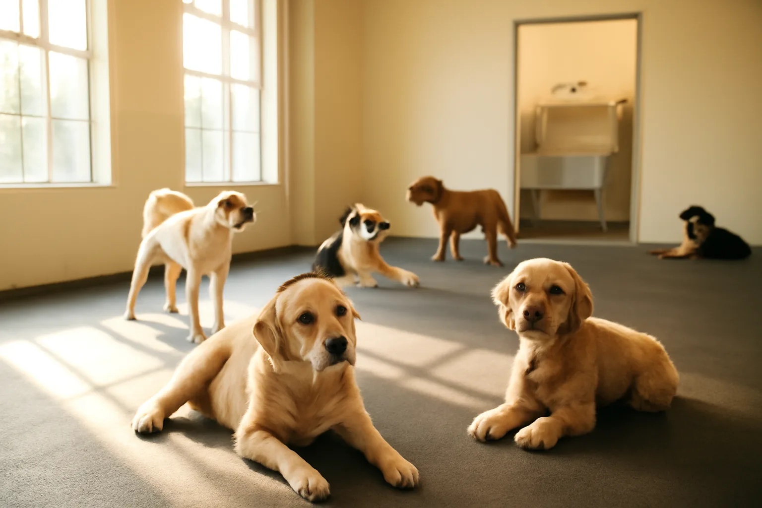 Dogs playing in a bright daycare room near a grooming tub in the spa area
