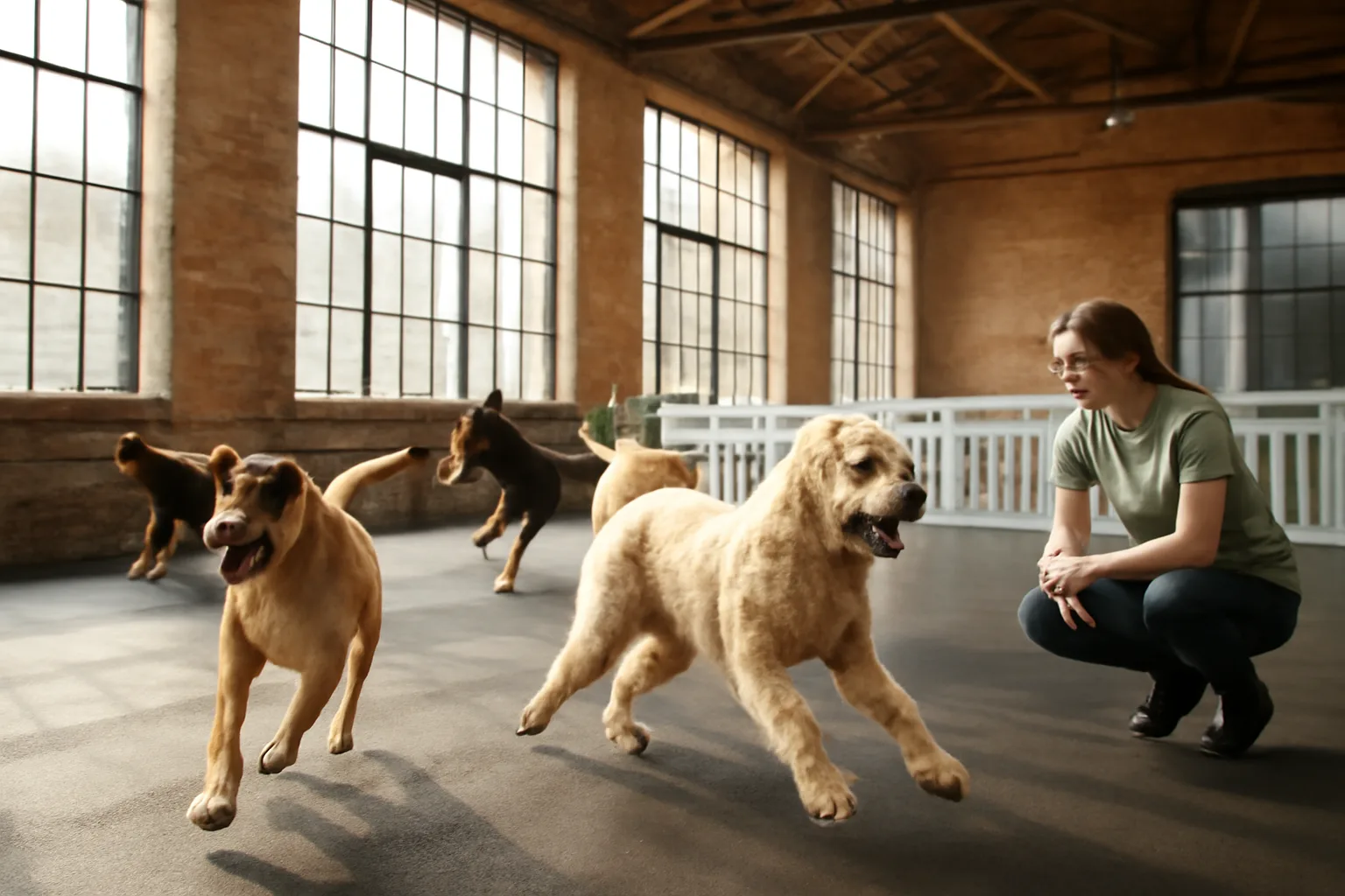 Dogs playing together at a bright Chicago doggy daycare facility with tall windows
