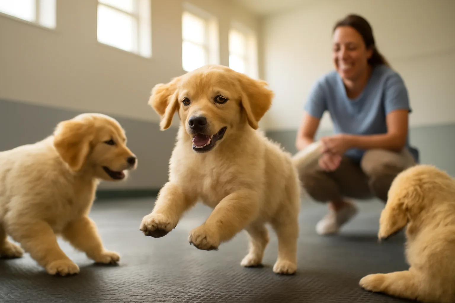 Three puppies playing together on rubber flooring inside a bright daycare room