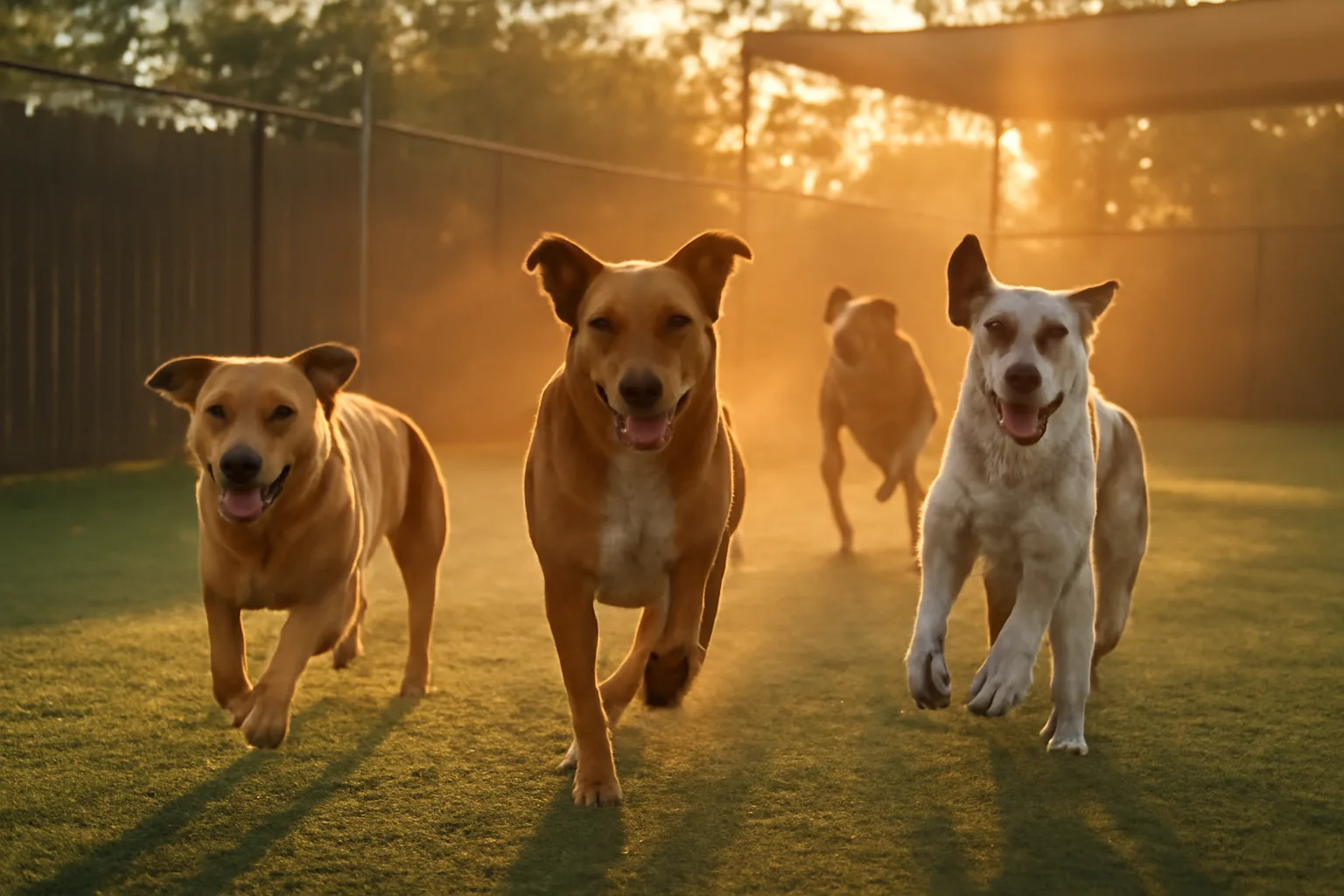 Dogs playing outdoors at a San Antonio doggy daycare during golden hour