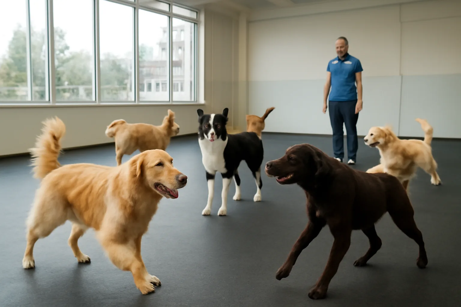 Dogs playing together inside a sunlit Seattle doggy daycare facility