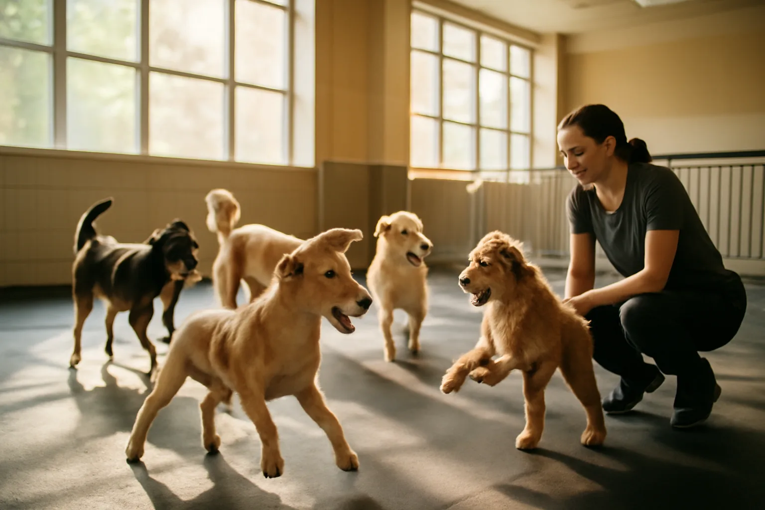 Staff member supervising dogs playing in a sunlit indoor daycare facility